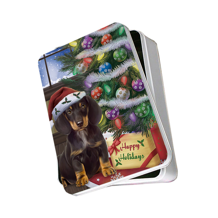 Christmas Happy Holidays Dachshund Dog with Tree and Presents Photo Storage Tin PITN53771