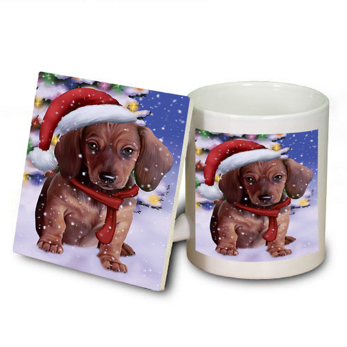 Winterland Wonderland Dachshund Dog In Christmas Holiday Scenic Background  Mug and Coaster Set MUC53381
