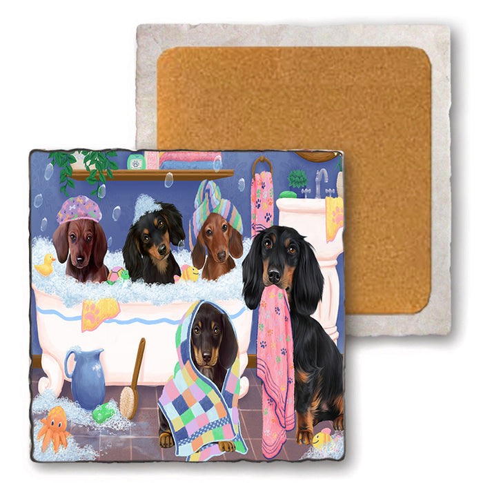 Rub A Dub Dogs In A Tub Dachshunds Dog Set of 4 Natural Stone Marble Tile Coasters MCST51785