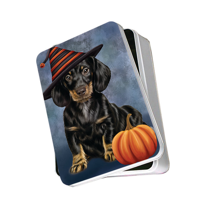 Happy Halloween Dachshund Dog Wearing Witch Hat with Pumpkin Photo Storage Tin PITN54841