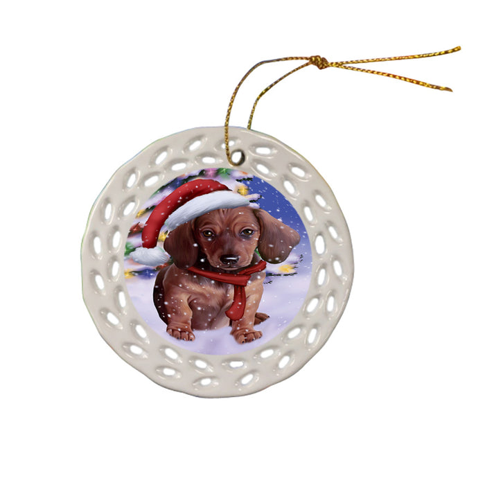 Winterland Wonderland Dachshund Dog In Christmas Holiday Scenic Background  Ceramic Doily Ornament DPOR53389