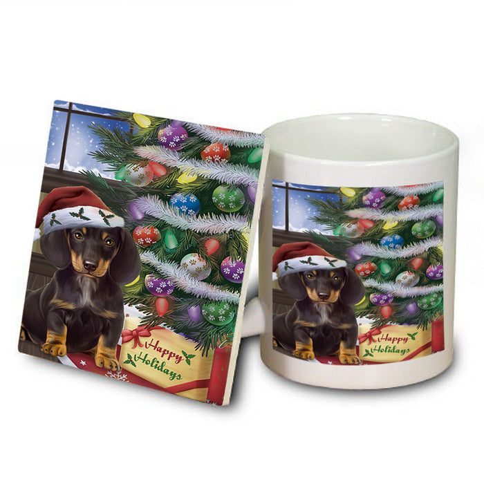 Christmas Happy Holidays Dachshund Dog with Tree and Presents Mug and Coaster Set MUC53820