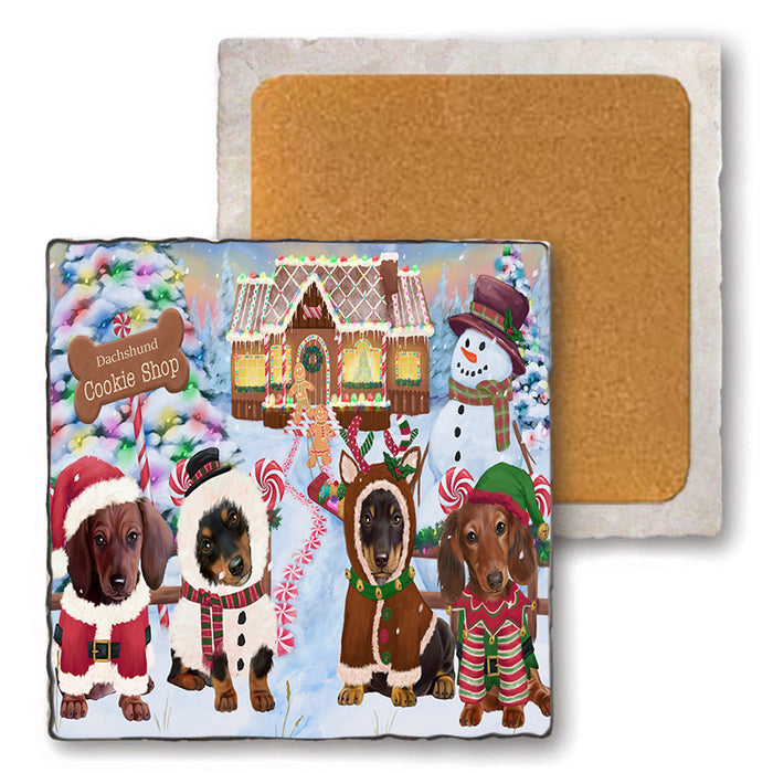 Holiday Gingerbread Cookie Shop Dachshunds Dog Set of 4 Natural Stone Marble Tile Coasters MCST51112