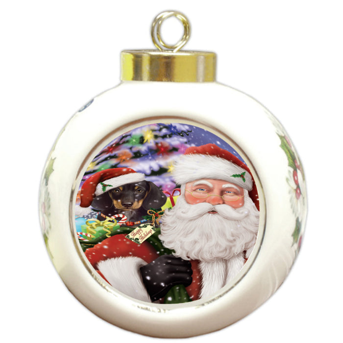 Santa Carrying Dachshund Dog and Christmas Presents Round Ball Christmas Ornament RBPOR53986