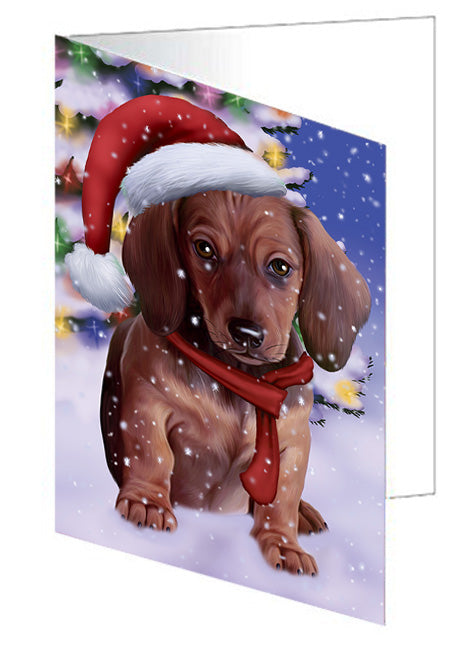 Winterland Wonderland Dachshund Dog In Christmas Holiday Scenic Background  Handmade Artwork Assorted Pets Greeting Cards and Note Cards with Envelopes for All Occasions and Holiday Seasons GCD64196