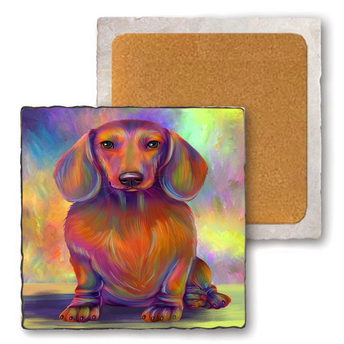 Paradise Wave Dachshund Dog Set of 4 Natural Stone Marble Tile Coasters MCST51066