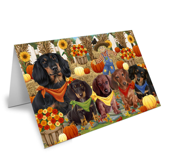 Fall Festive Gathering Dachshunds Dog with Pumpkins Handmade Artwork Assorted Pets Greeting Cards and Note Cards with Envelopes for All Occasions and Holiday Seasons GCD55949