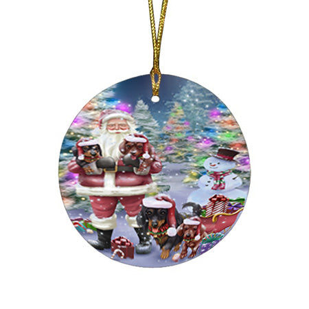 Trotting in the Snow Dachshund Dog Round Flat Christmas Ornament RFPOR54691