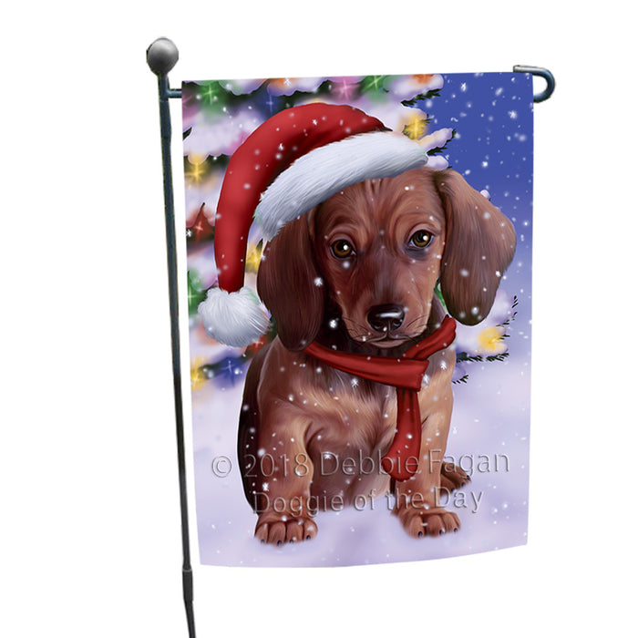 Winterland Wonderland Dachshund Dog In Christmas Holiday Scenic Background  Garden Flag GFLG53451