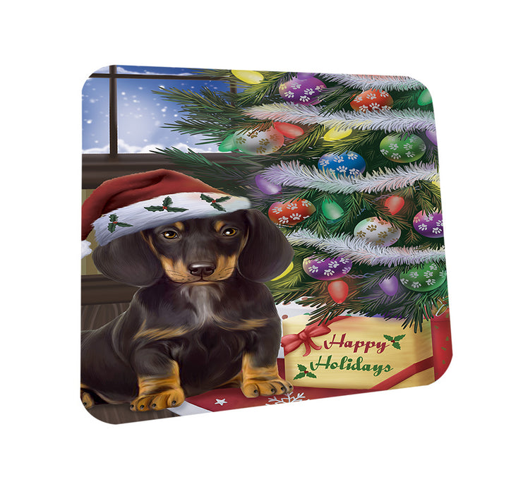 Christmas Happy Holidays Dachshund Dog with Tree and Presents Coasters Set of 4 CST53786