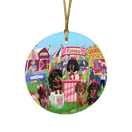 Carnival Kissing Booth Dachshunds Dog Round Flat Christmas Ornament RFPOR56142