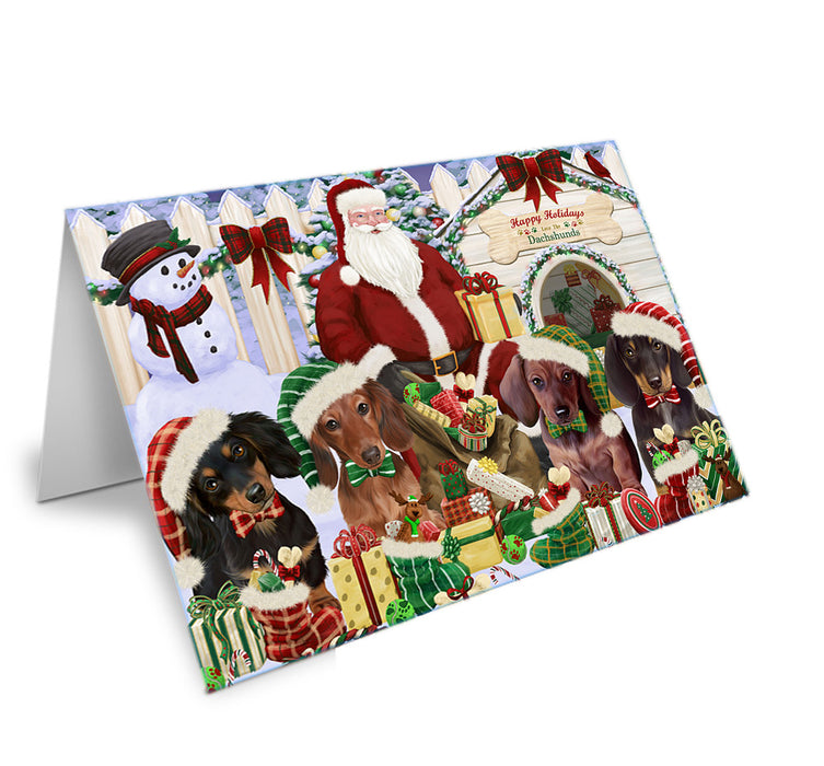 Happy Holidays Christmas Dachshunds Dog House Gathering Handmade Artwork Assorted Pets Greeting Cards and Note Cards with Envelopes for All Occasions and Holiday Seasons GCD57902
