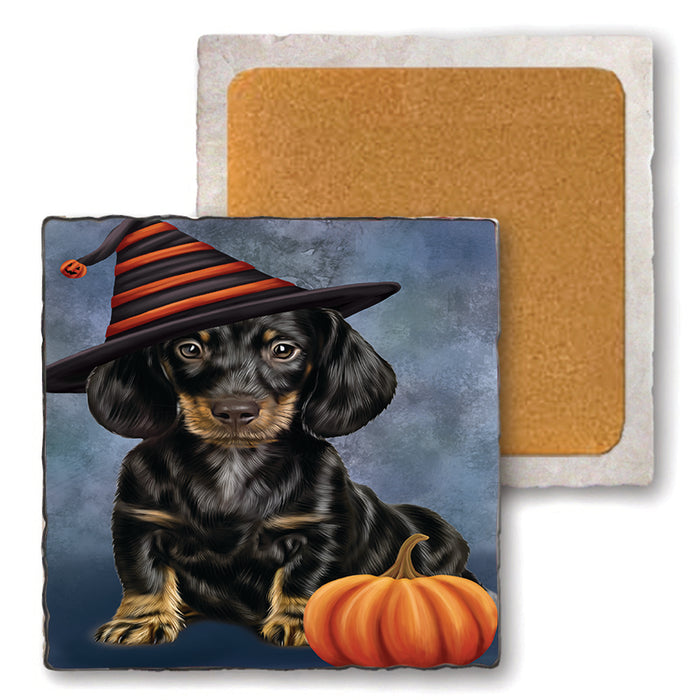 Happy Halloween Dachshund Dog Wearing Witch Hat with Pumpkin Set of 4 Natural Stone Marble Tile Coasters MCST49898