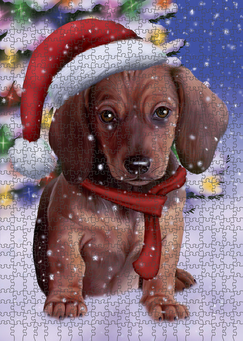 Winterland Wonderland Dachshund Dog In Christmas Holiday Scenic Background Puzzle with Photo Tin PUZL80712