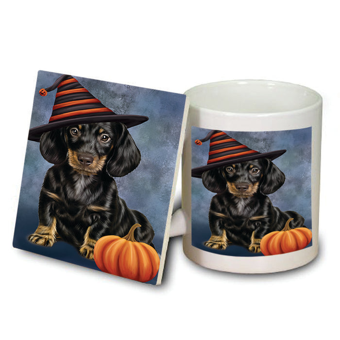 Happy Halloween Dachshund Dog Wearing Witch Hat with Pumpkin Mug and Coaster Set MUC54890