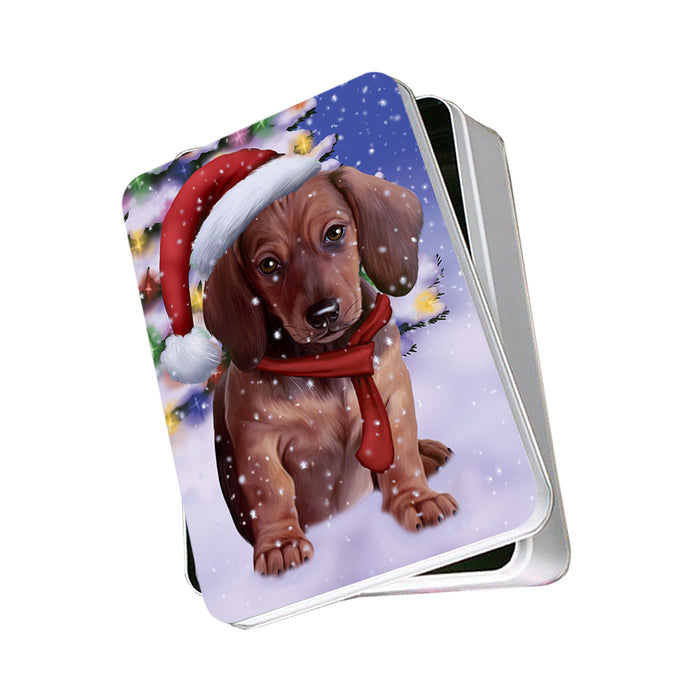 Winterland Wonderland Dachshund Dog In Christmas Holiday Scenic Background Photo Storage Tin PITN53389