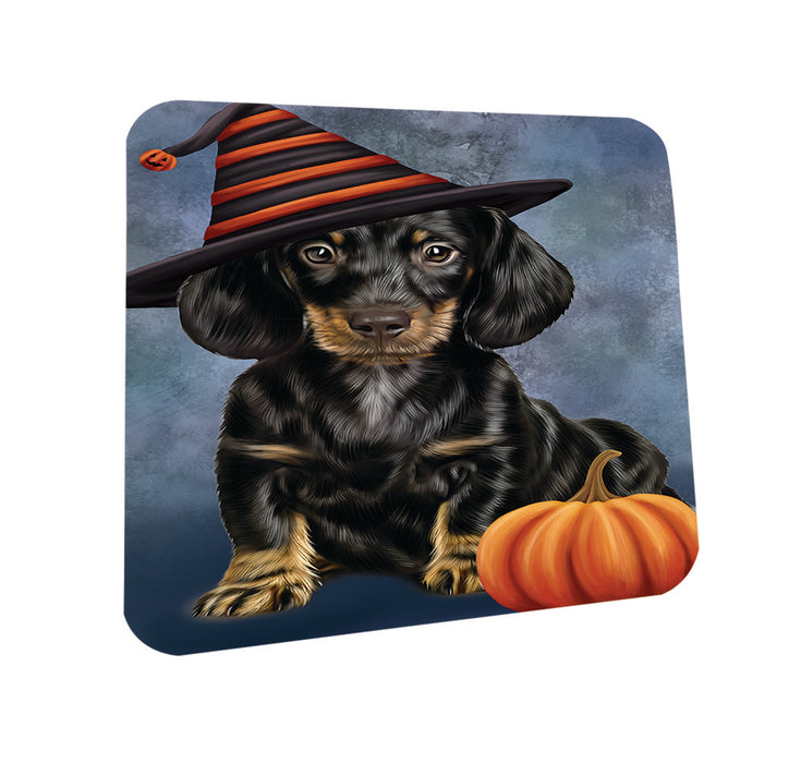 Happy Halloween Dachshund Dog Wearing Witch Hat with Pumpkin Coasters Set of 4 CST54856