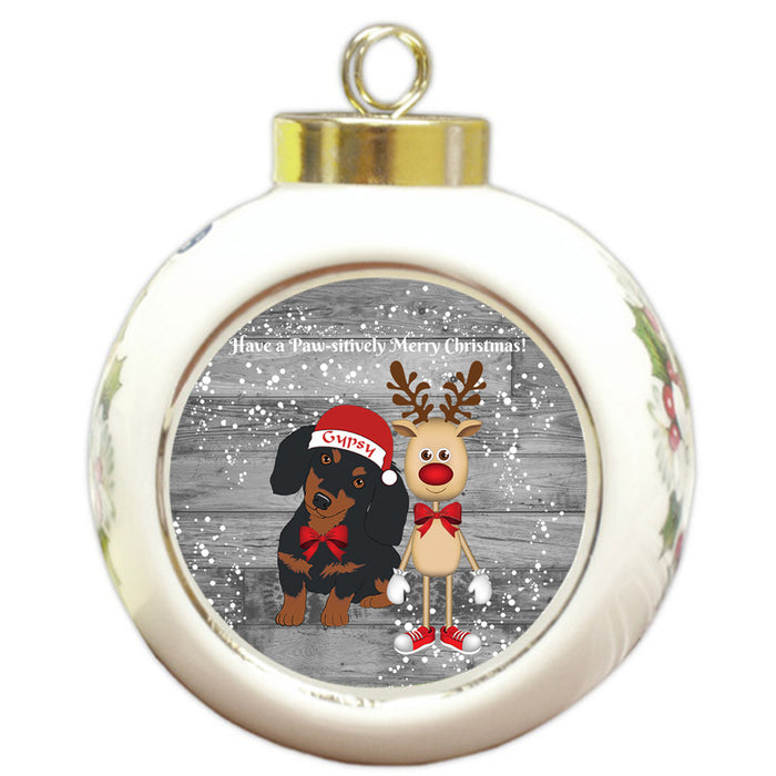 Custom Personalized Dachshund Dog Reindeer and Pooch Christmas Round Ball Ornament
