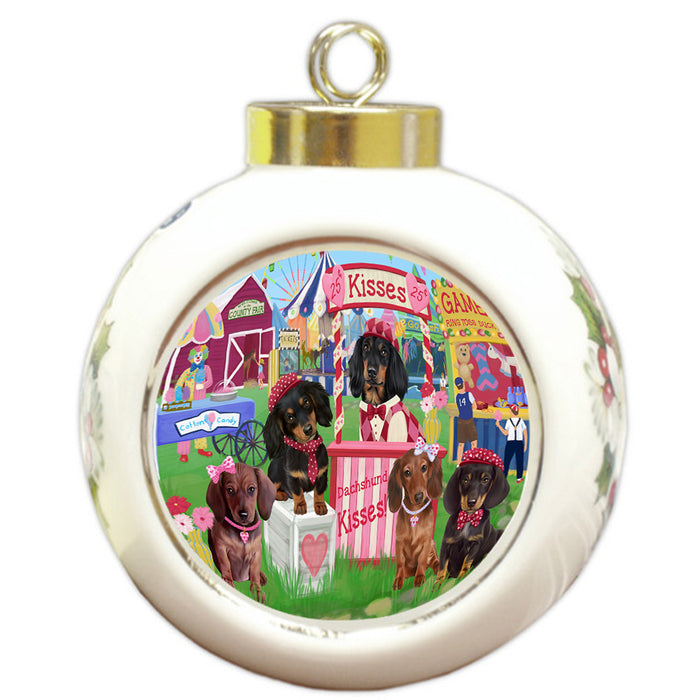 Carnival Kissing Booth Dachshunds Dog Round Ball Christmas Ornament RBPOR56142