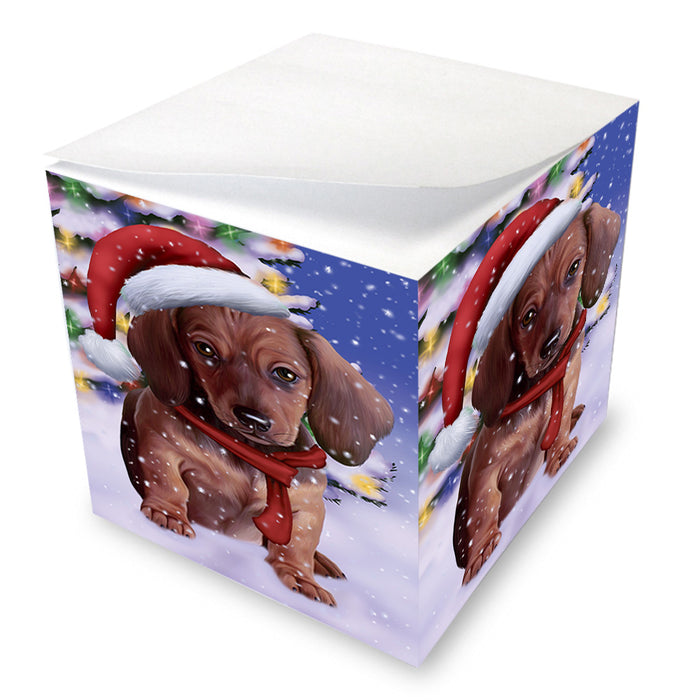 Winterland Wonderland Dachshund Dog In Christmas Holiday Scenic Background Note Cube NOC53389