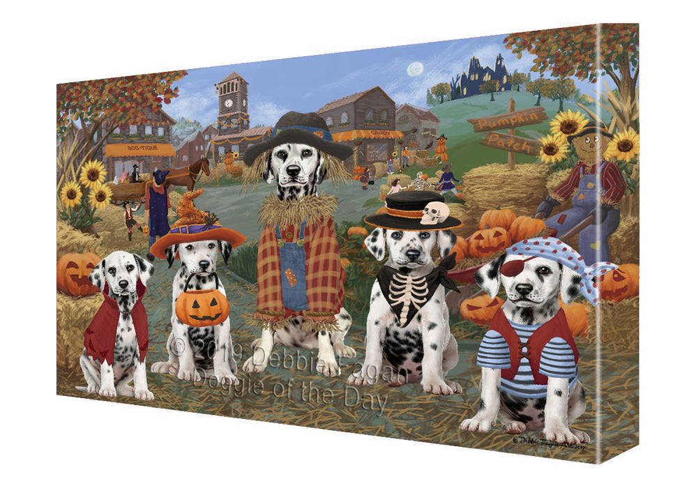 Halloween 'Round Town And Fall Pumpkin Scarecrow Both Dalmatian Dogs Canvas Print Wall Art Décor CVS139526