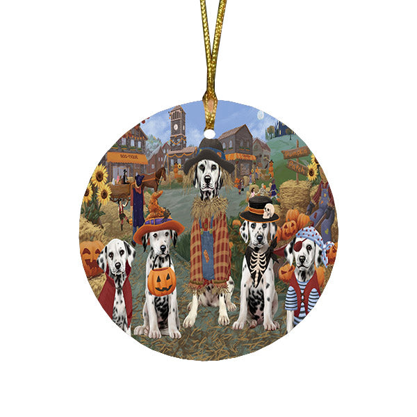 Halloween 'Round Town And Fall Pumpkin Scarecrow Both Dalmatian Dogs Round Flat Christmas Ornament RFPOR57397