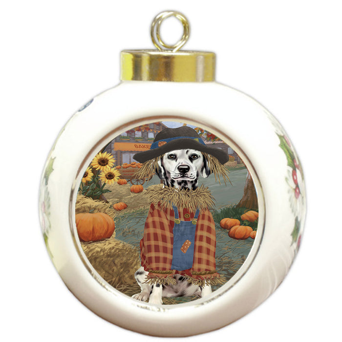 Halloween 'Round Town And Fall Pumpkin Scarecrow Both Dalmatian Dogs Round Ball Christmas Ornament RBPOR57459