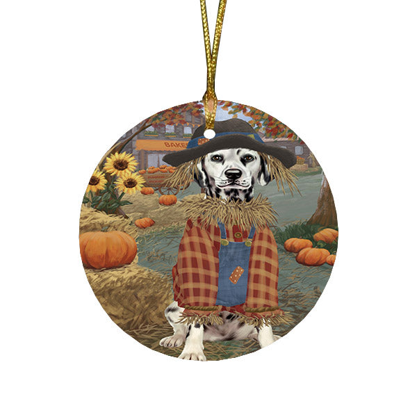 Halloween 'Round Town And Fall Pumpkin Scarecrow Both Dalmatian Dogs Round Flat Christmas Ornament RFPOR57459