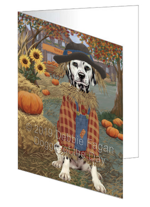 Fall Pumpkin Scarecrow Dalmatian Dog Handmade Artwork Assorted Pets Greeting Cards and Note Cards with Envelopes for All Occasions and Holiday Seasons GCD78011