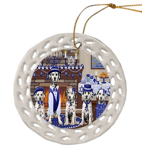 Happy Hanukkah Family Dalmatian Dogs Ceramic Doily Ornament DPOR57616