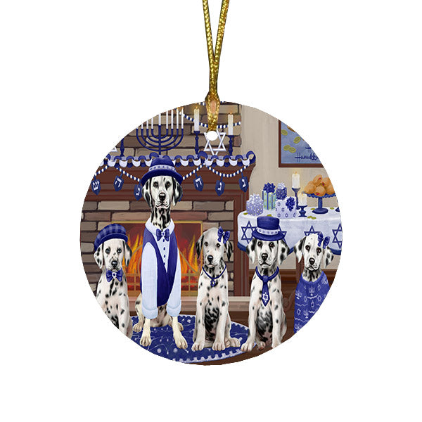 Happy Hanukkah Family and Happy Hanukkah Both Dalmatian Dogs Round Flat Christmas Ornament RFPOR57520