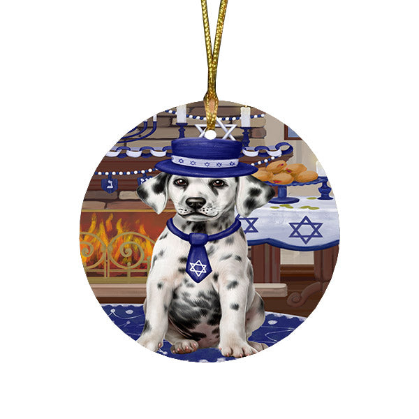 Happy Hanukkah Family and Happy Hanukkah Both Dalmatian Dog Round Flat Christmas Ornament RFPOR57576