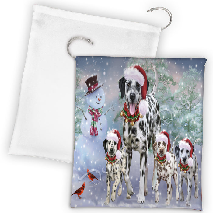Christmas Running Fammily Dalmatian Dogs Drawstring Laundry or Gift Bag LGB48221