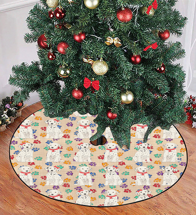 Rainbow Paw Print Dalmatian Dogs Red Christmas Tree Skirt