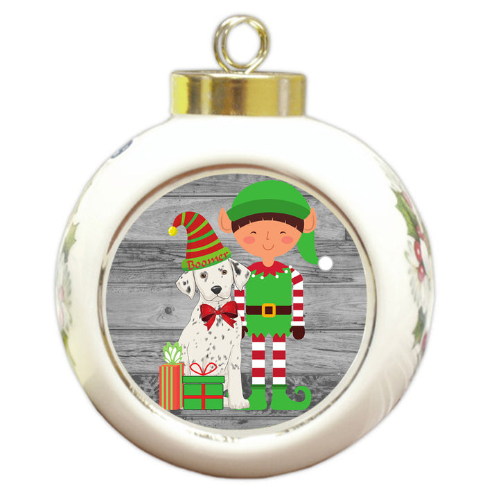 Custom Personalized Dalmatian Dog Elfie and Presents Christmas Round Ball Ornament