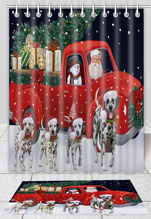 Christmas Express Delivery Red Truck Running Dalmatian Dogs Bath Mat and Shower Curtain Combo