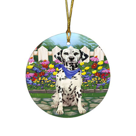Spring Floral Dalmatian Dog Round Flat Christmas Ornament RFPOR49858