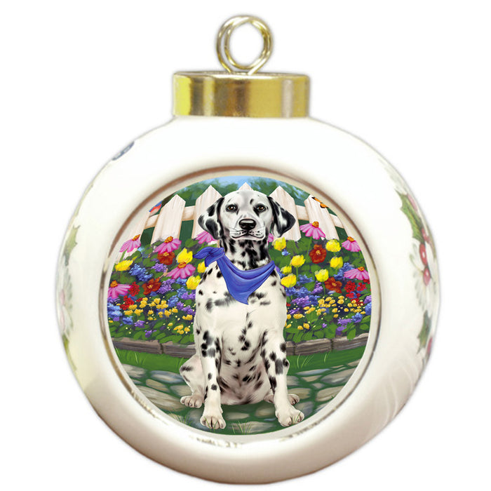 Spring Floral Dalmatian Dog Round Ball Christmas Ornament RBPOR49867