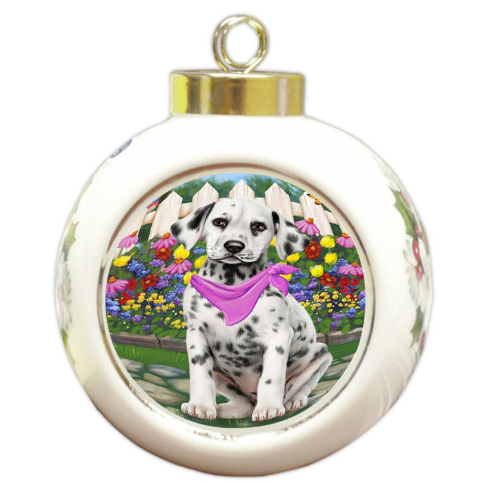 Spring Floral Dalmatian Dog Round Ball Christmas Ornament RBPOR49869