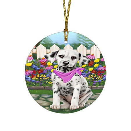 Spring Floral Dalmatian Dog Round Flat Christmas Ornament RFPOR49860
