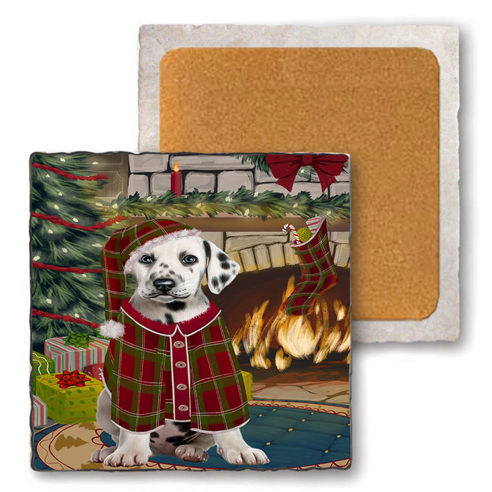 The Stocking was Hung Dalmatian Dog Set of 4 Natural Stone Marble Tile Coasters MCST50296