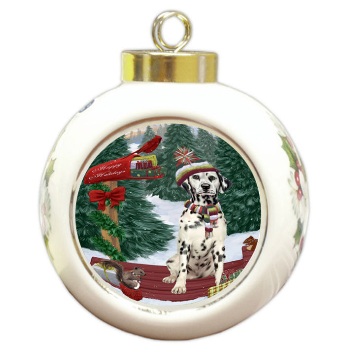 Merry Christmas Woodland Sled Dalmatian Dog Round Ball Christmas Ornament RBPOR55279