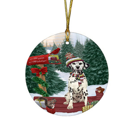 Merry Christmas Woodland Sled Dalmatian Dog Round Flat Christmas Ornament RFPOR55279