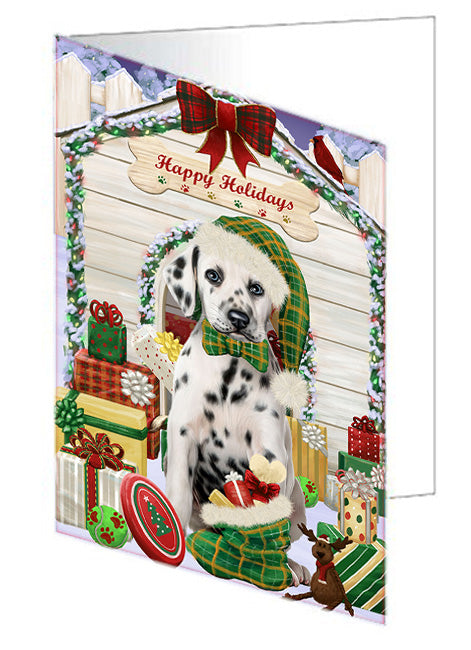 Happy Holidays Christmas Dalmatian Dog House with Presents Handmade Artwork Assorted Pets Greeting Cards and Note Cards with Envelopes for All Occasions and Holiday Seasons GCD58241