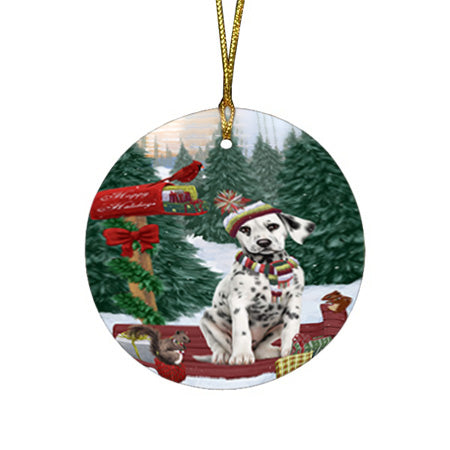 Merry Christmas Woodland Sled Dalmatian Dog Round Flat Christmas Ornament RFPOR55280