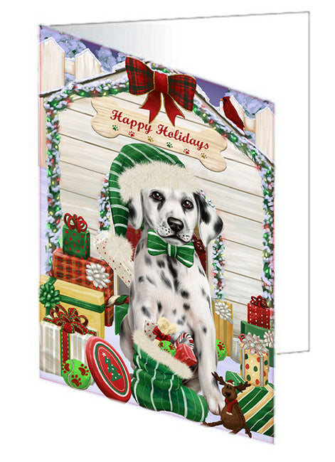 Happy Holidays Christmas Dalmatian Dog House with Presents Handmade Artwork Assorted Pets Greeting Cards and Note Cards with Envelopes for All Occasions and Holiday Seasons GCD58244