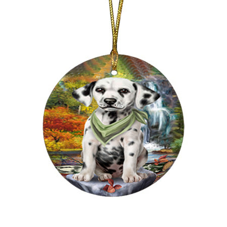 Scenic Waterfall Dalmatian Dog Round Flat Christmas Ornament RFPOR51864