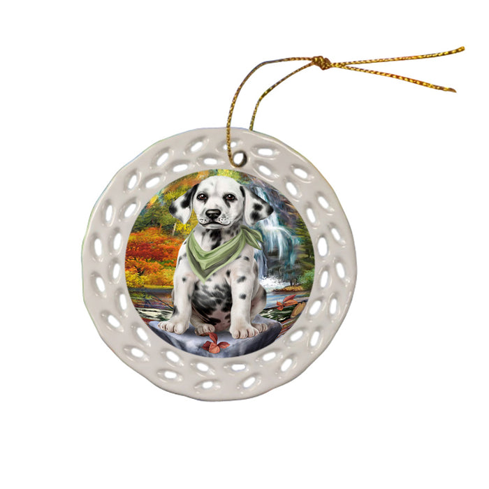 Scenic Waterfall Dalmatian Dog Ceramic Doily Ornament DPOR51873