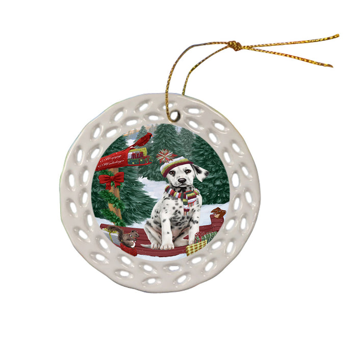 Merry Christmas Woodland Sled Dalmatian Dog Ceramic Doily Ornament DPOR55280