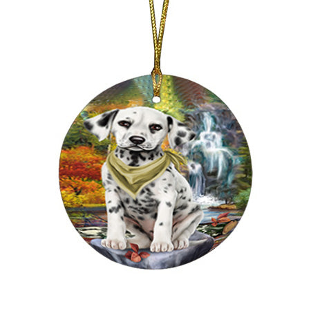 Scenic Waterfall Dalmatian Dog Round Flat Christmas Ornament RFPOR51865
